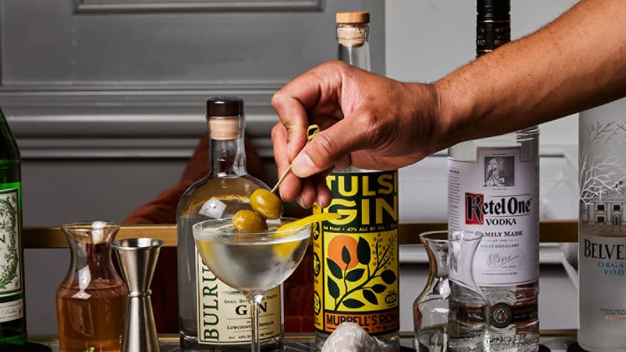 Martini cart with various bottles.