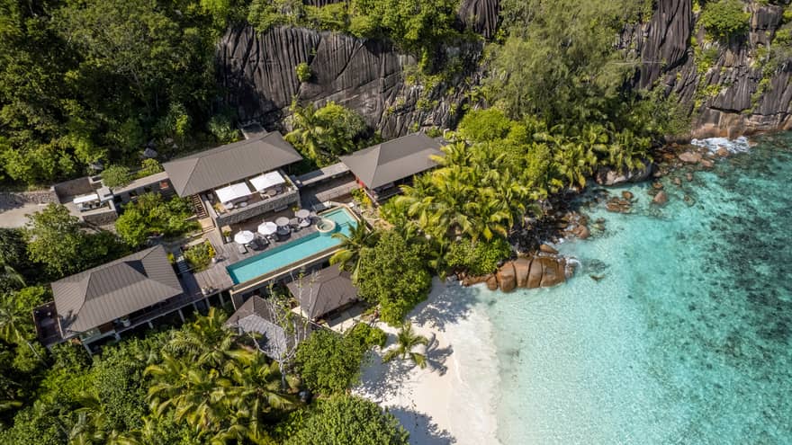 Aerial look at three-bedroom suite on Seychelles beach