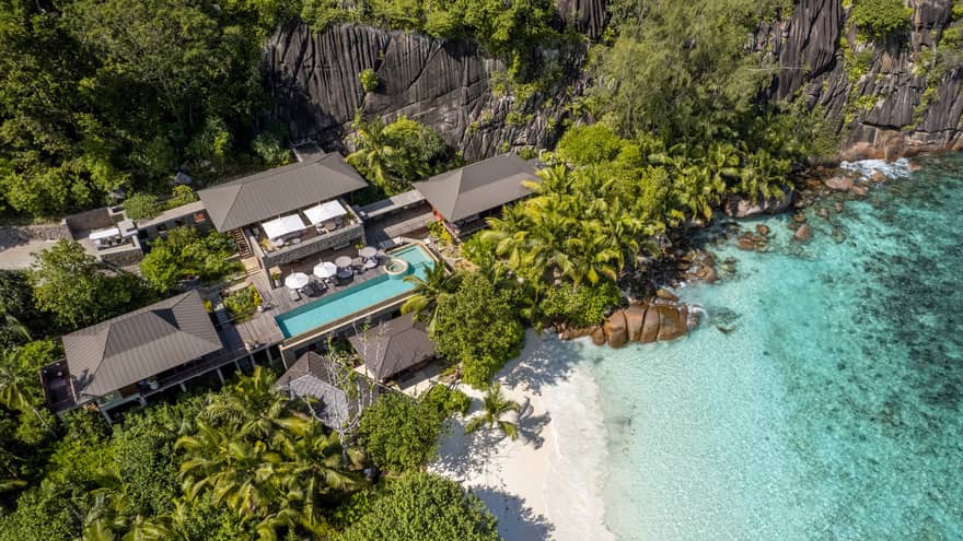 Aerial look at three-bedroom suite on Seychelles beach