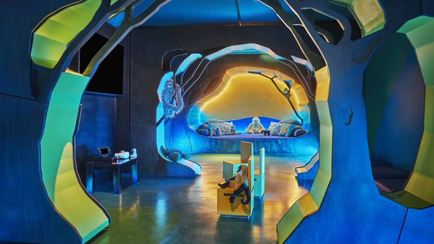 Blue and green underwater-style kids play room