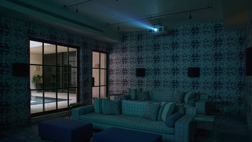 Movie room with two sofas