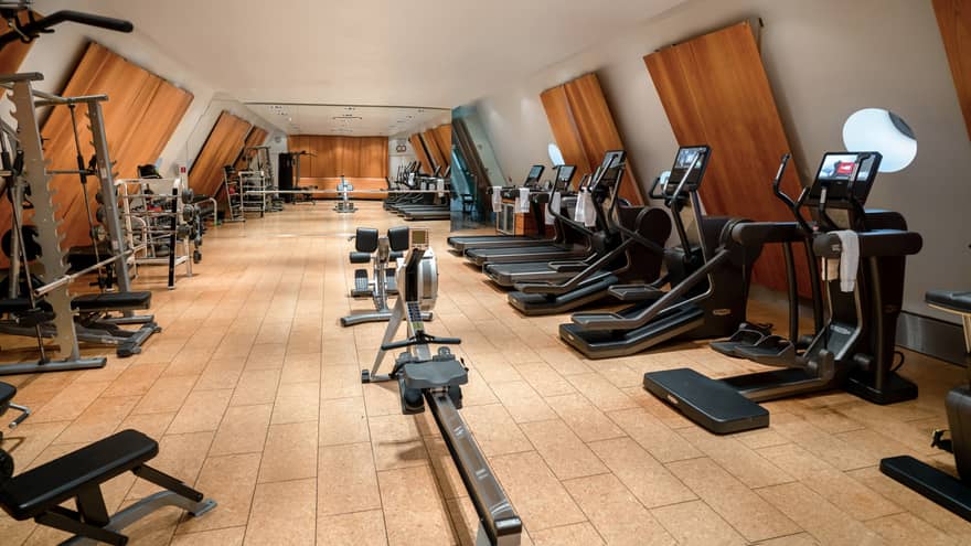 Fitness centre with rowing machine in middle, treadmills on right and weight equipment on left