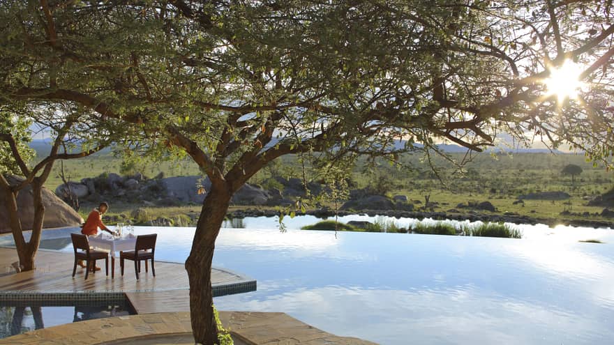 Hotel staff sets small patio table on wood platform beside tree, outdoor swimming pool