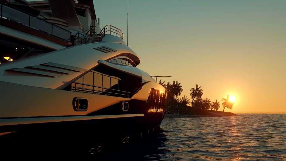 A boat cruises on clear waters at sunset