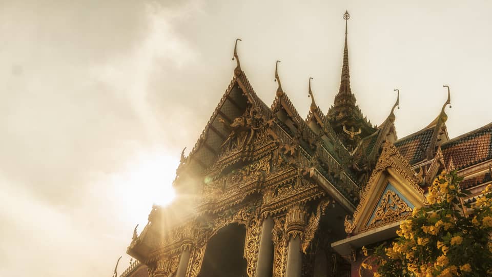 Intricately designed temple with ornate carvings and tiered roofs, illuminated by sunlight, with a tree and yellow flowers in the foreground