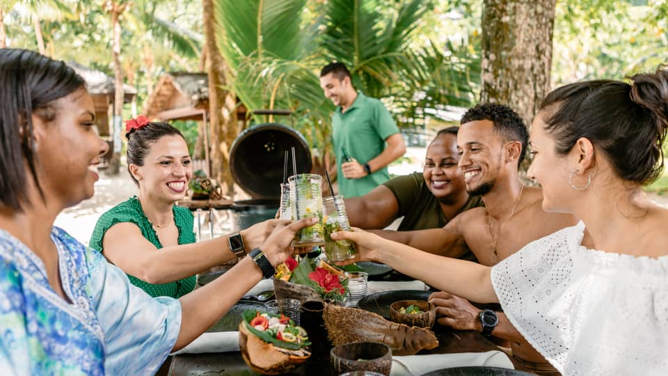 Five friends smiling and clinking glasses over outdoor barbecue lunch in tropical setting