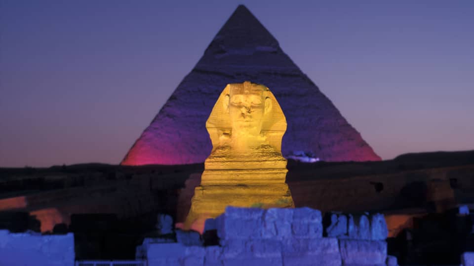 Sphinx and pyramid night light show Egypt