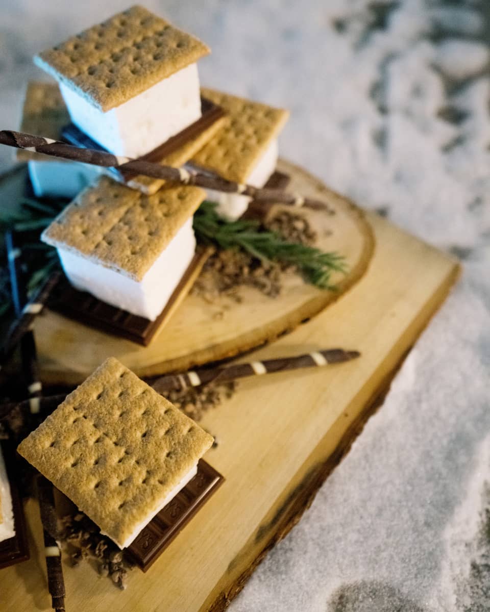 S?mores on a wooden tray.