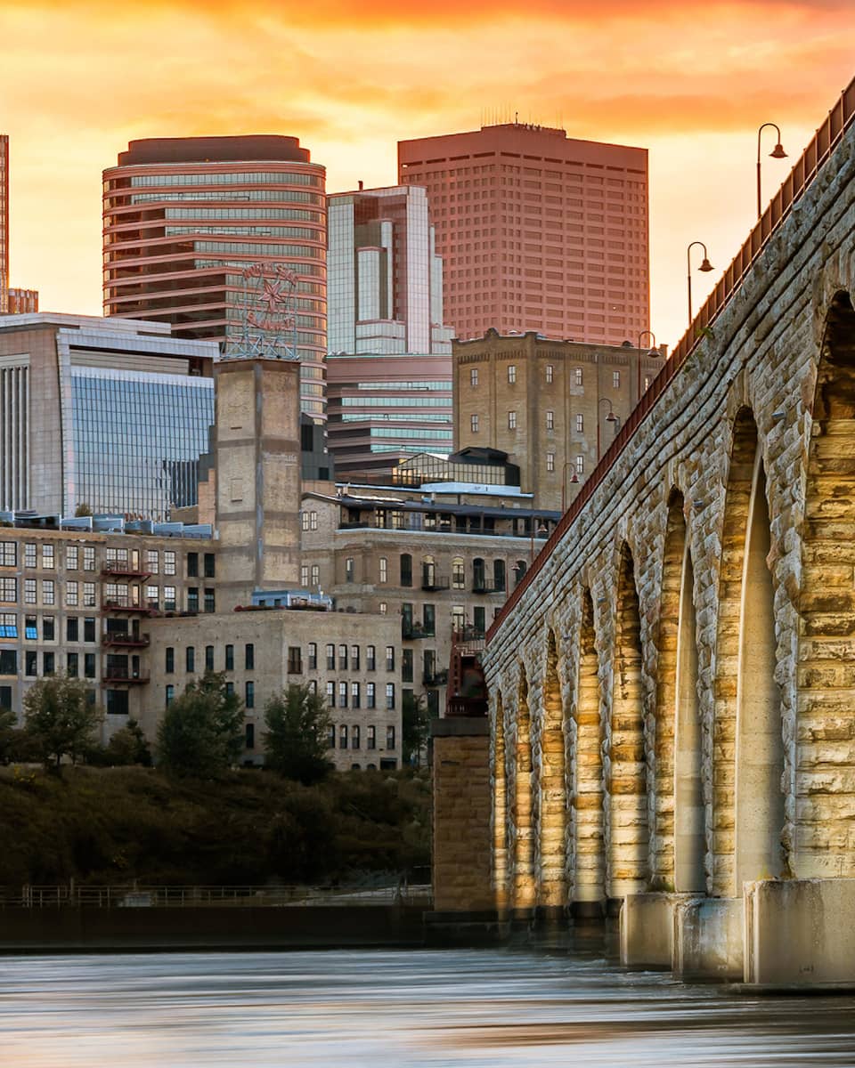 Minneapolis city and bridge view at dusk