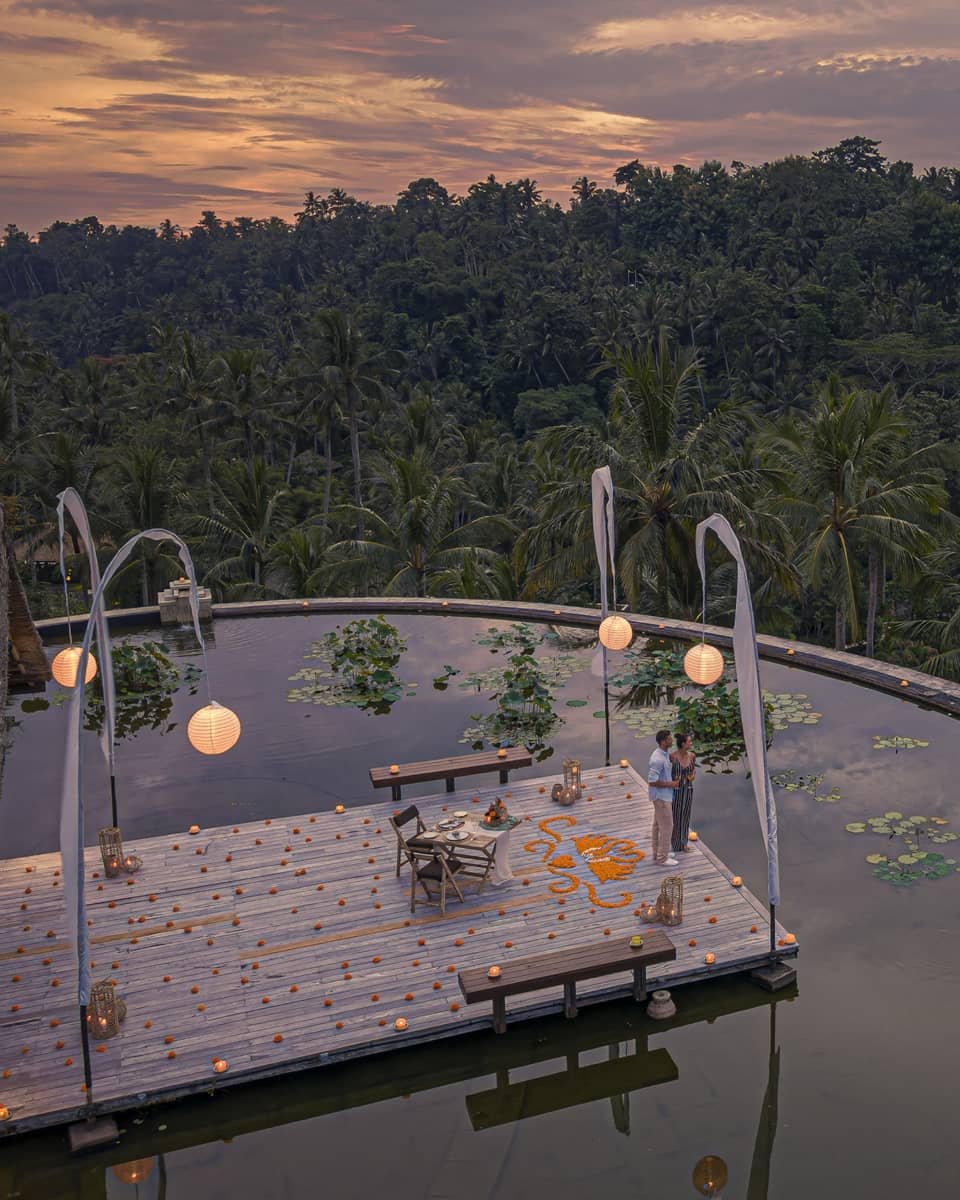 Couple stands on dock at the infinity edge lotus pond overlooking dense forest at dusk