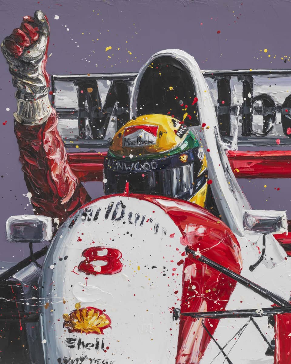 A painting of a race car driver.