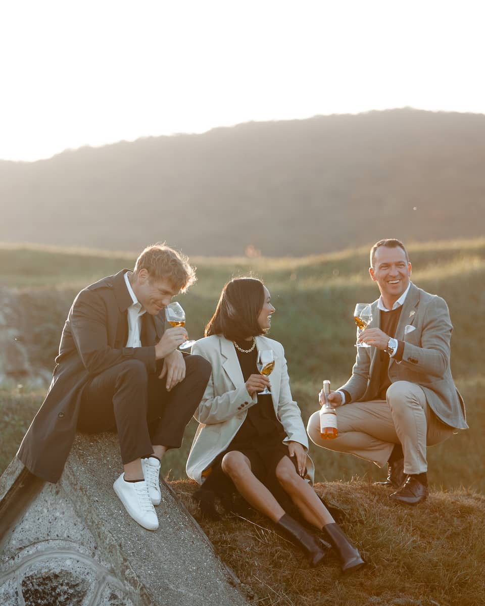 A group of people sitting outdoors on a grassy hill, enjoying glasses of wine together in the warm evening light.