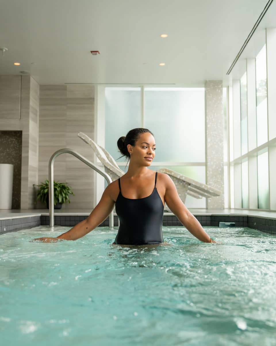 Guest wearing a swimsuit and standing in the pool in a room with floor-to-ceiling windows.
