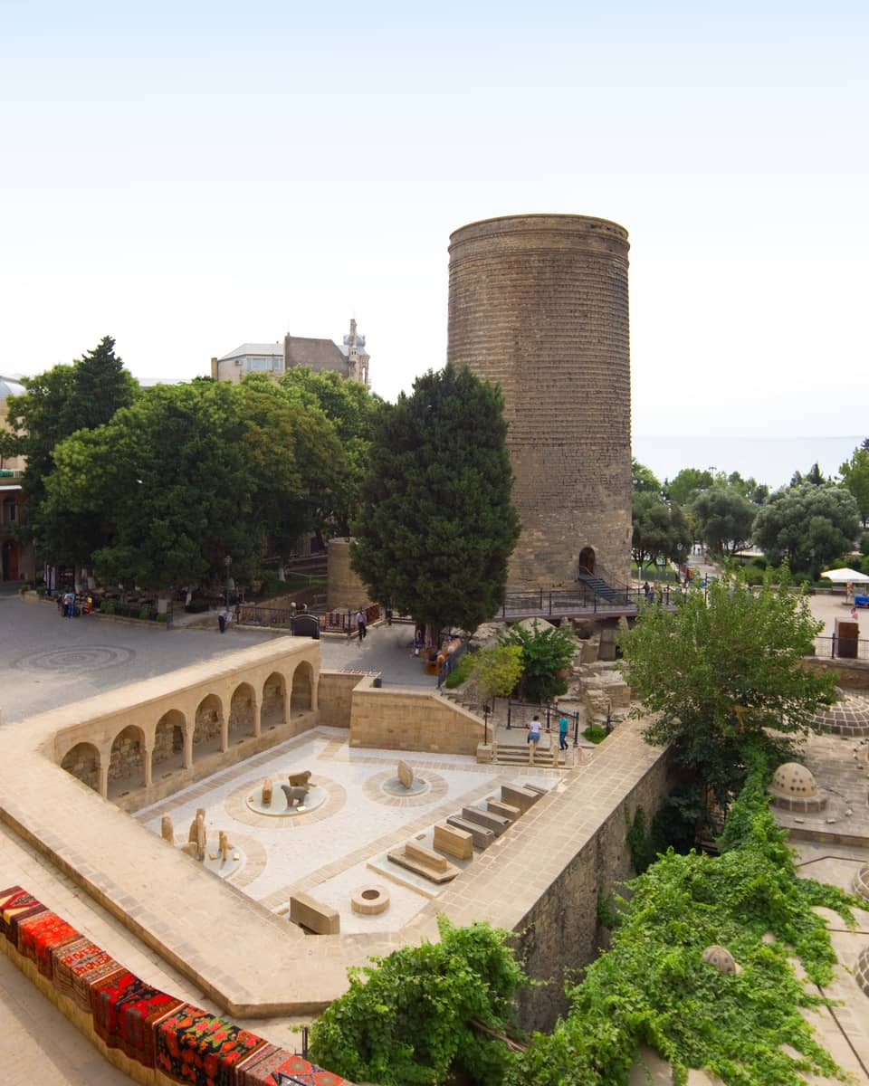 Aerial view of 12th century Icheri Sheher, or The Inner City, historic walls on a sunny day