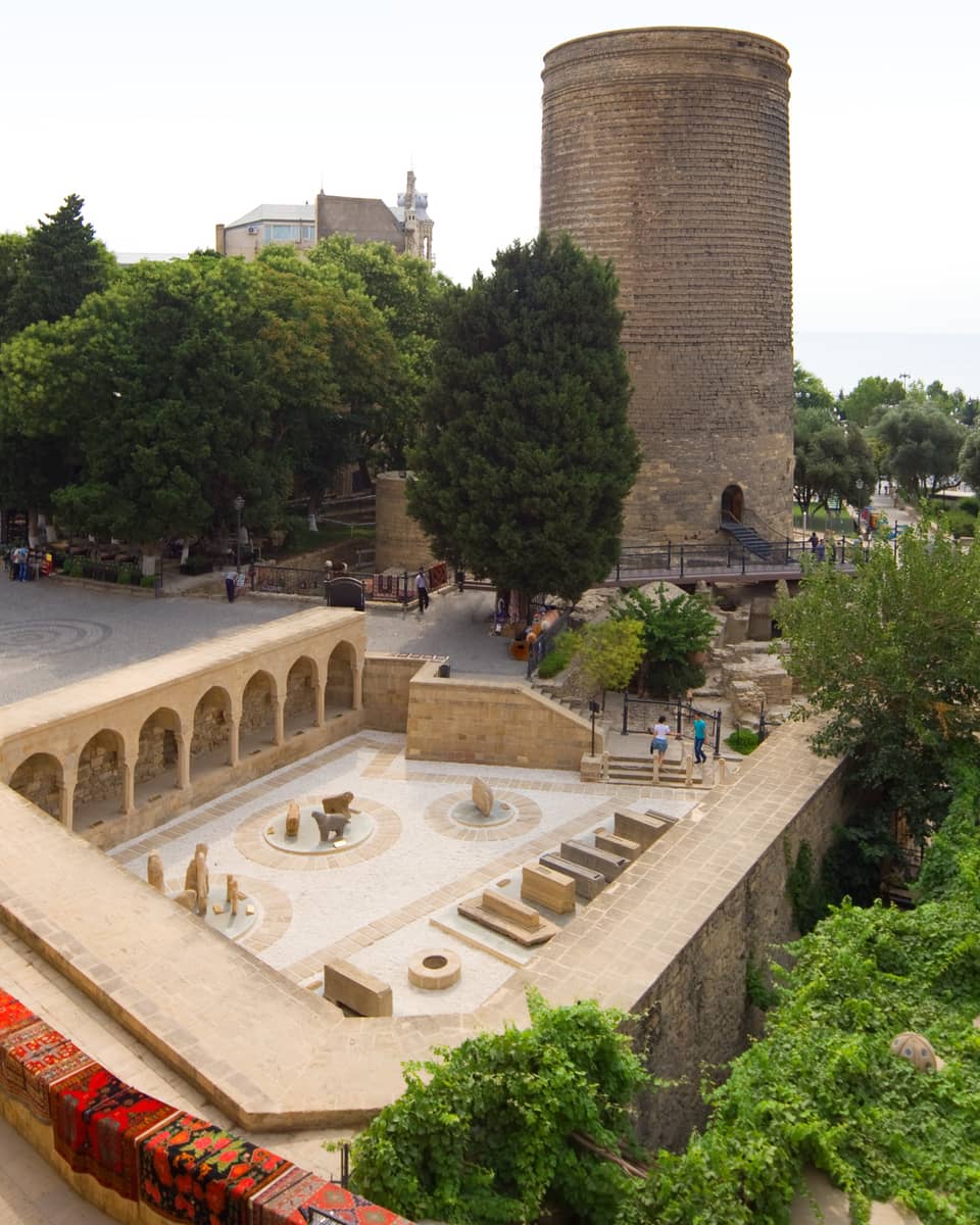 Aerial view of 12th century Icheri Sheher, or The Inner City, historic walls on a sunny day