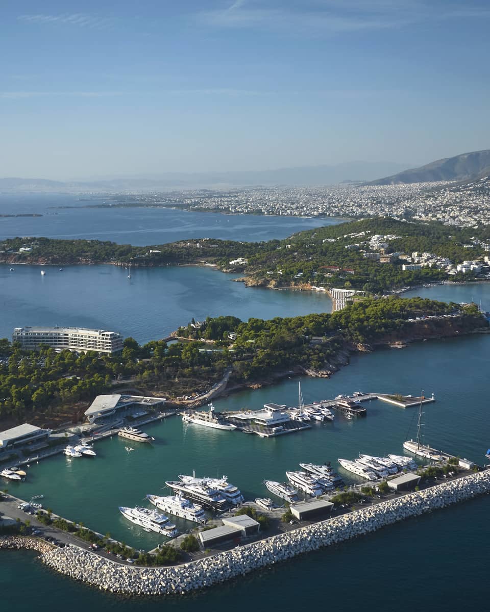 Aerial view of marina filled with yachts