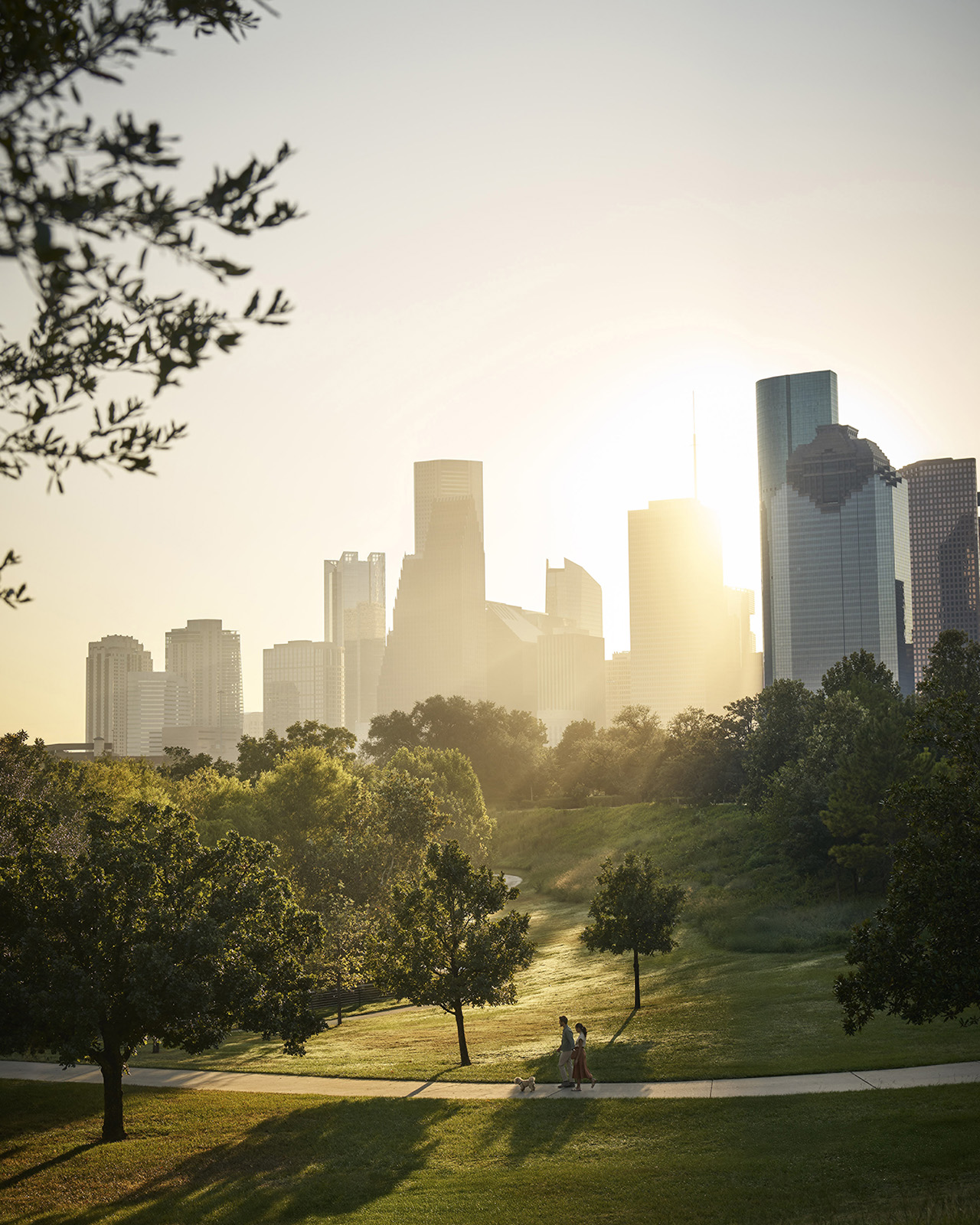 Downtown Houston skyline viewed across a green urban landscape