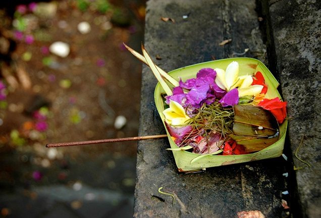 Flower offering at temple in Bali
