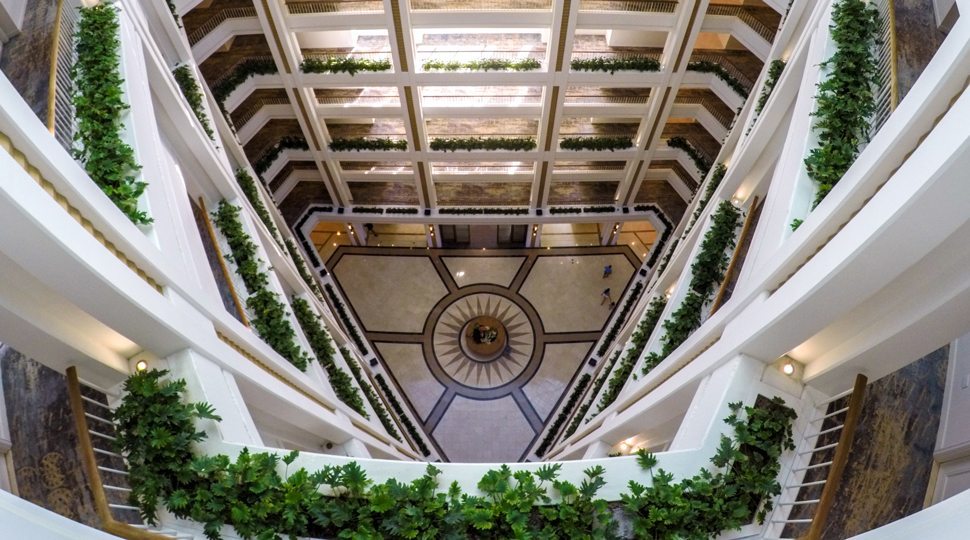 Looking down to the courtyard of a building