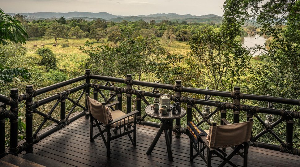 A Balcony overlooking the bamboo jungle at the Four Seasons Tented Camp Golden Triangle.
