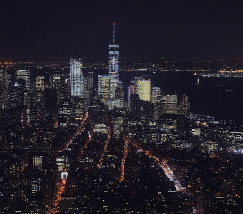 Aerial view of the New York City skyline at night