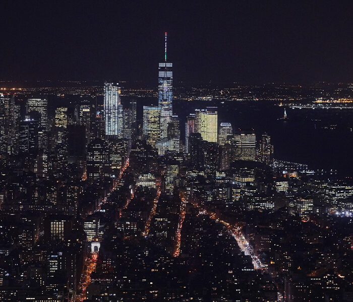 Aerial view of the New York City skyline at night