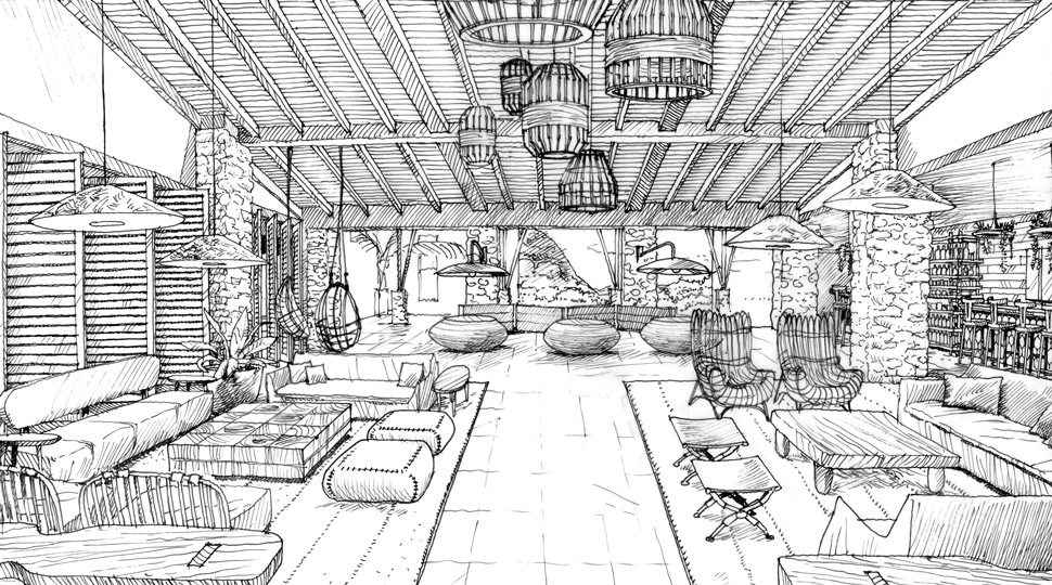 A designer’s sketch of the lobby at Four Seasons Resort Costa Rica at Peninsula Papagayo.