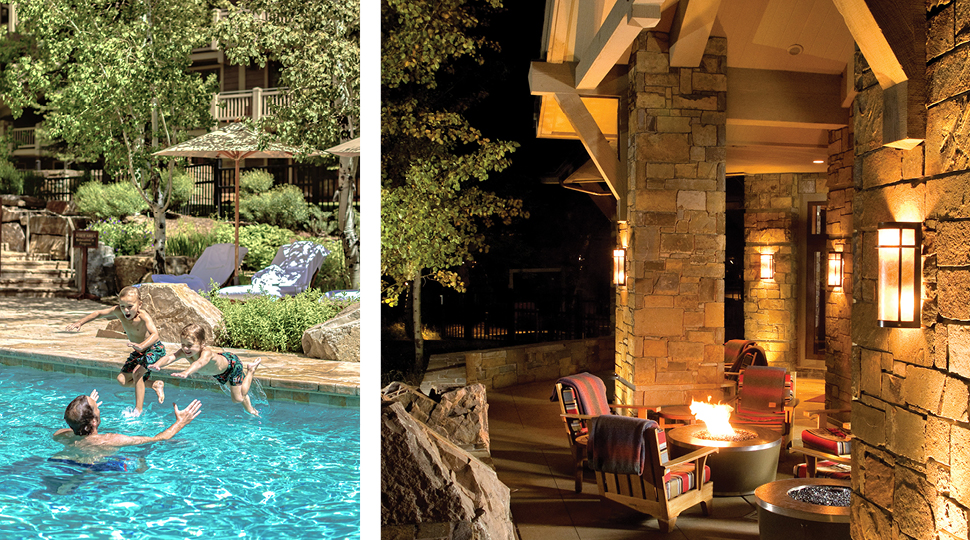 Kids jumping in pool/outdoor fireplace