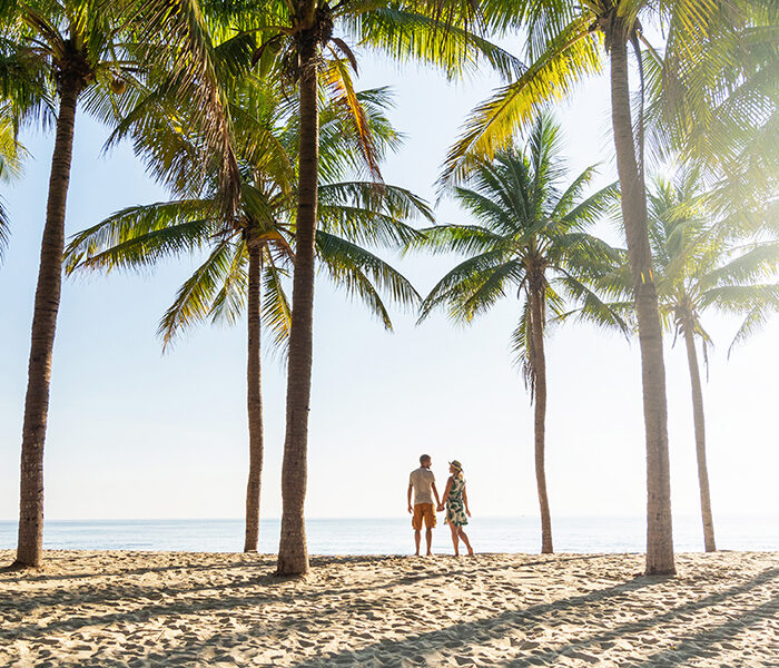 Couple Standing On Sandy Beach Among Palm Trees On Sunny Morning