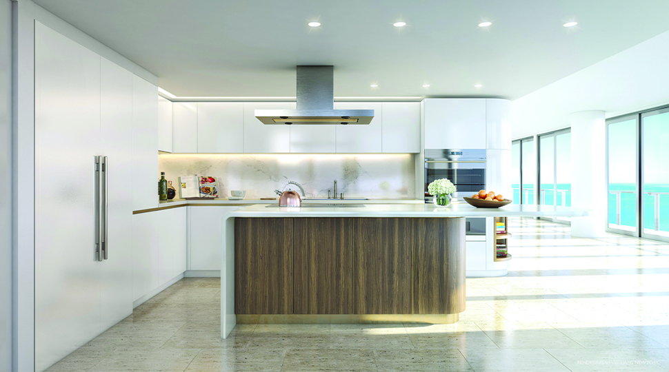 Open kitchen with white walls, white countertops, a wooden island and a row of windows to the right