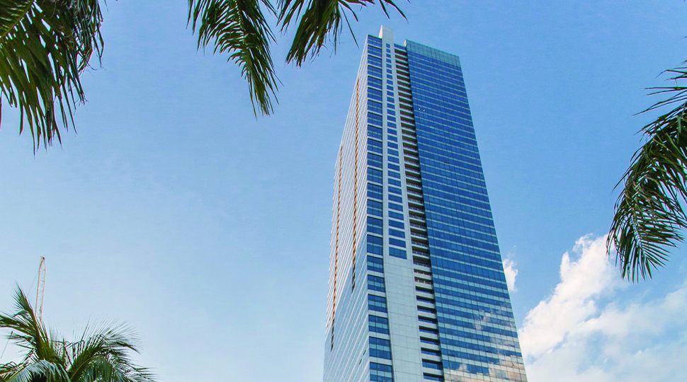 Glass-walled skyscraper