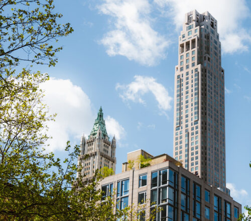 View of downtown New York skyscraper and buildings framed by trees in the summer