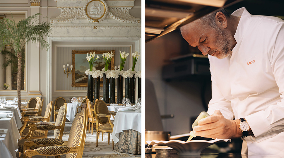 Left: Formal restaurant dining room with tall white flowers as decor; Right: Chef wearing a white chef's jacket stands over a plate of food while putting finishing touches on it