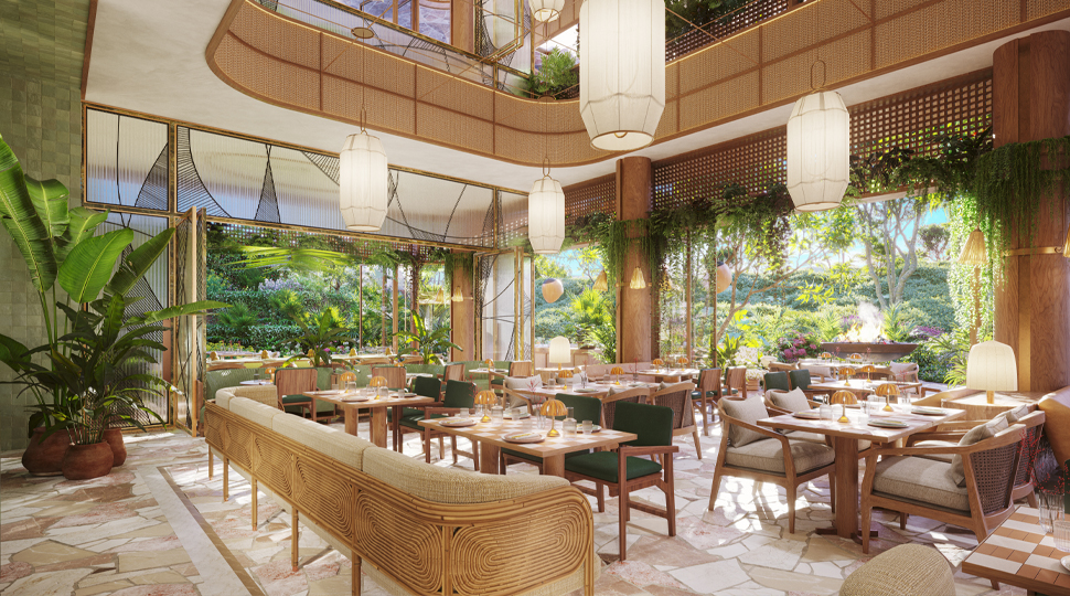 Rendering of bight and airy restaurant dining room with lots of greenery