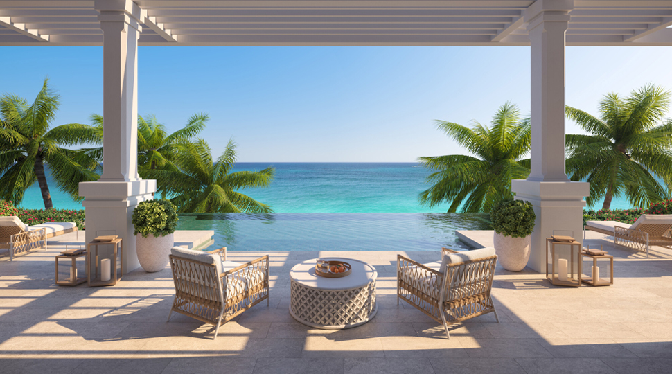 Open-air terrace leads to infinity pool overlooking the ocean