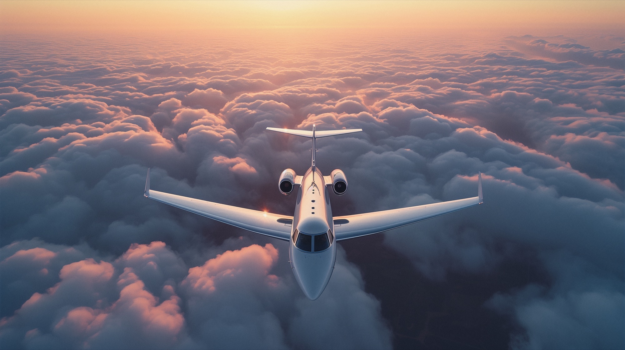 Private jet flying above the clouds at sunset