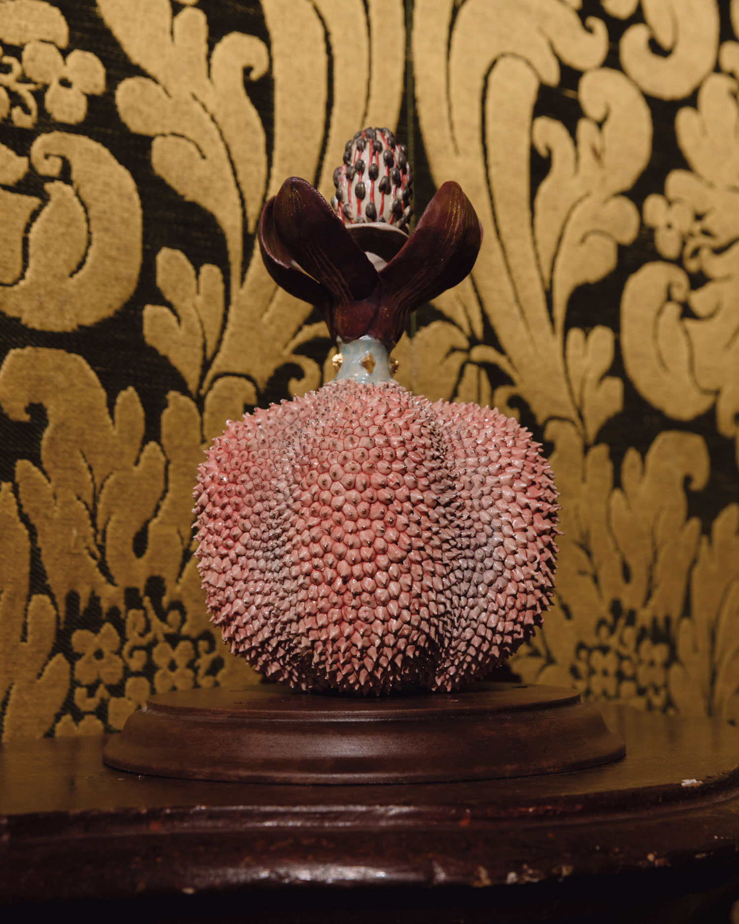 Pierrot Fleuri by ceramicist Kaori Kurihara, alongside Tessitura Luigi Bevilacqua textiles, at Fondazione Dries Van Noten.