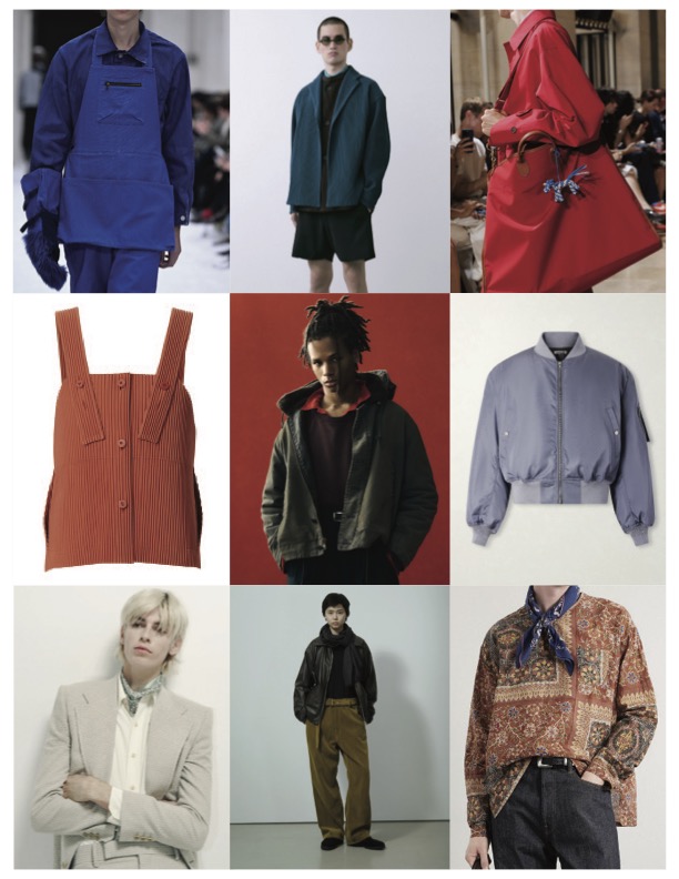 Top row, from left: A look from the Shinyakozuka fall 2026 collection; CFCL jackets, shirt, and shorts; Auralee spring 2027. Middle row, from left: Issey Miyake Homme Plissé apron-style vest; A.Presse collection, available at Maxfield in Los Angeles; Auralee silk-twill bomber jacket, available through Mr. Porter. Bottom row, from left: Kyosuke Kunimoto suit, available at Maxfield in Los Angeles; Yoko Sakamoto look; Visvim bandana-print cotton-voile shirt and Social Sculpture wide-leg jeans, available through Mr. Porter
