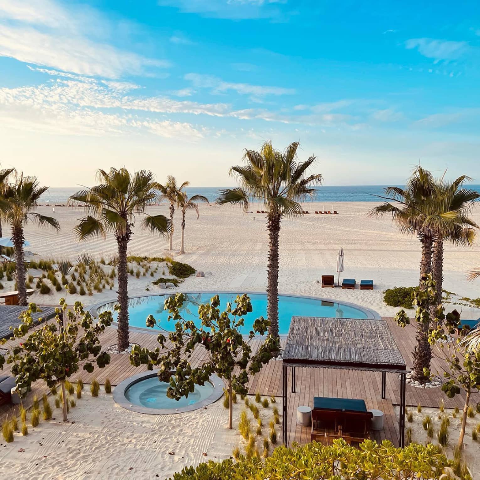A tranquil beach scene with palm trees, a pool, a hot tub, and lounge chairs, set against a backdrop of white sand and a calm ocean under a clear blue sky.