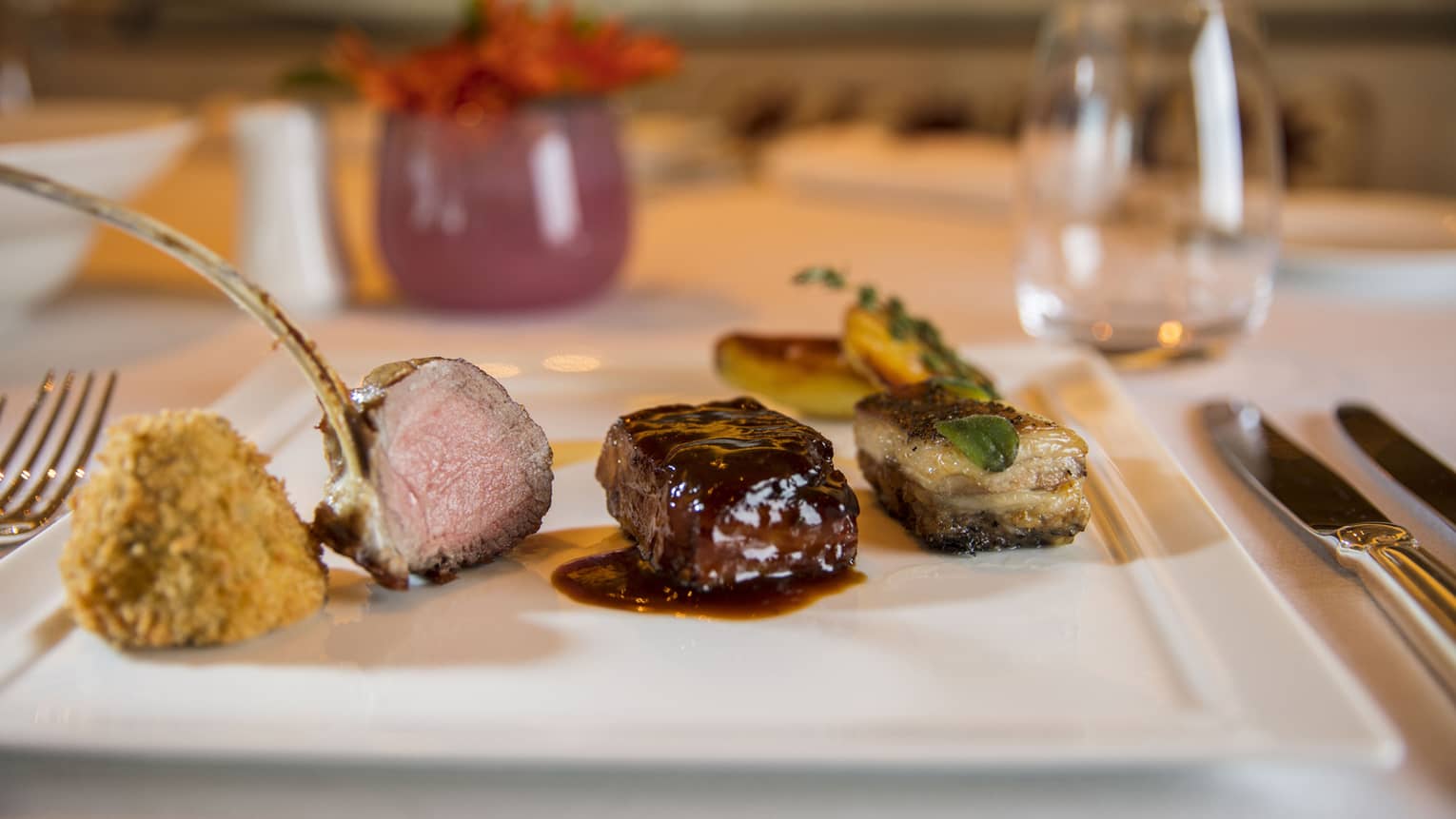Close-up of steak smothered in sauce, gourmet chops on white dinner plate