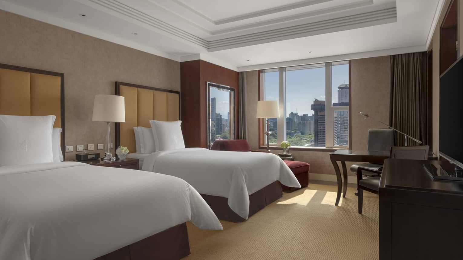 Luxury hotel room with two twin beds