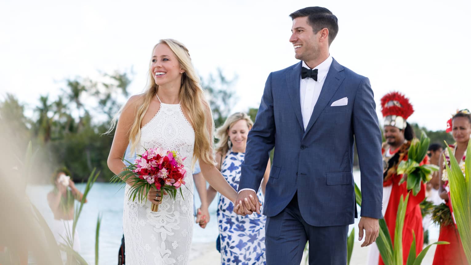 Smiling bride and groom at outdoor wedding