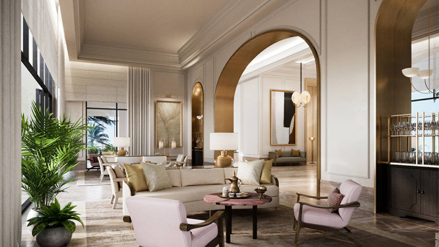 Lounge with sofa and two light purple arm chairs