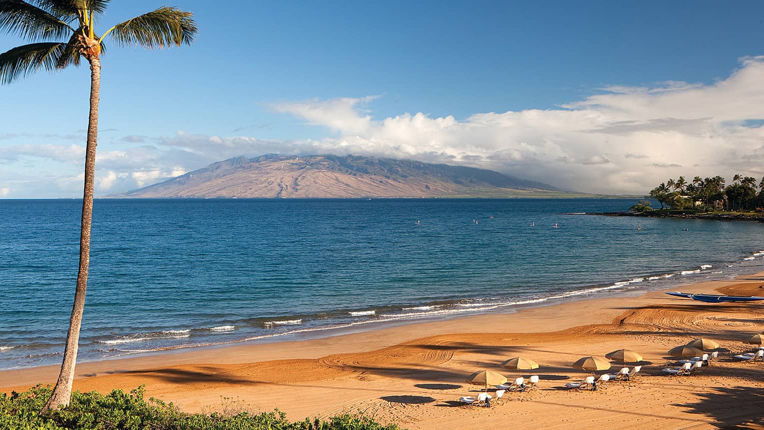 The golden sands of Wailea Beach with the volcanic slopes of Maui in the background