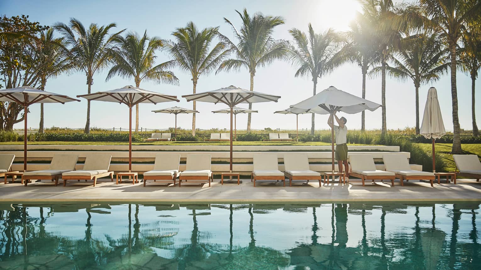 One of three heated outdoor swimming pools with coconut palm trees offering shade