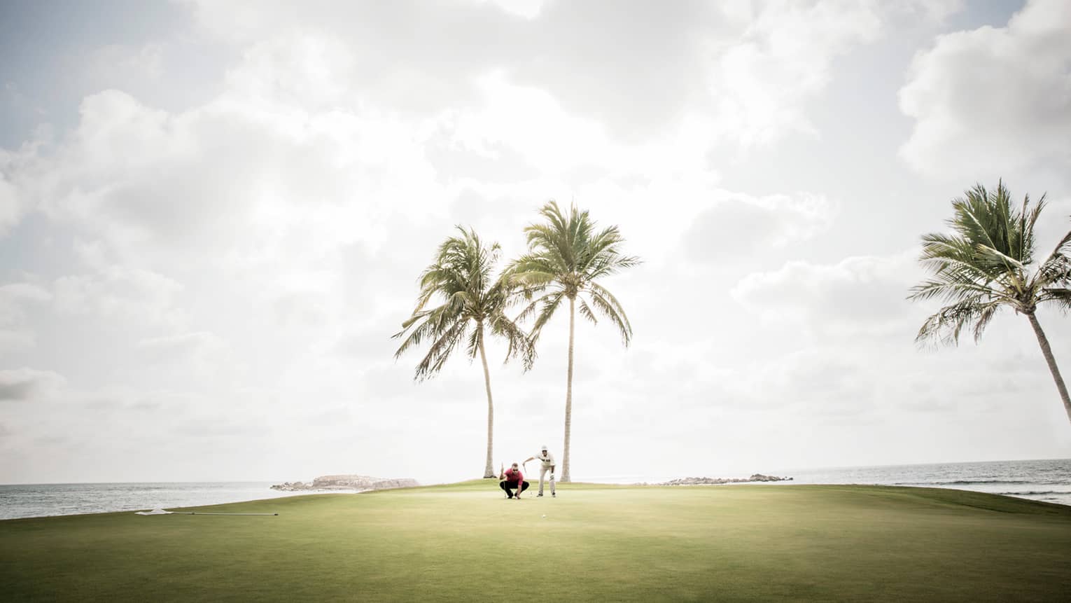 Two men kneel on golf green under two palm trees, ocean on each side