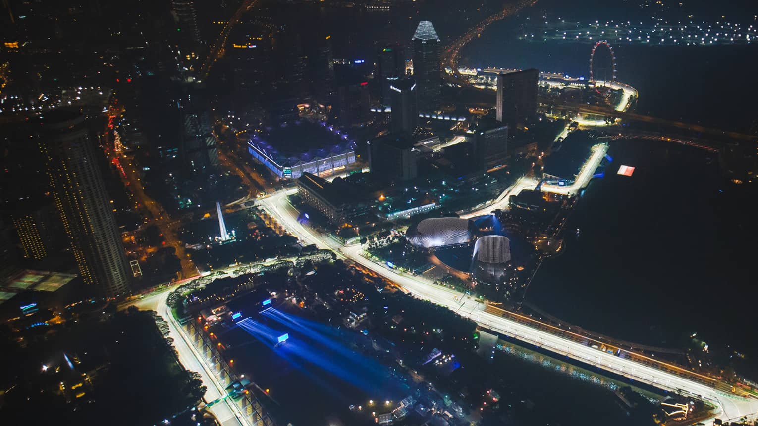 ,An aerial of a race track through downtown Singapore at night