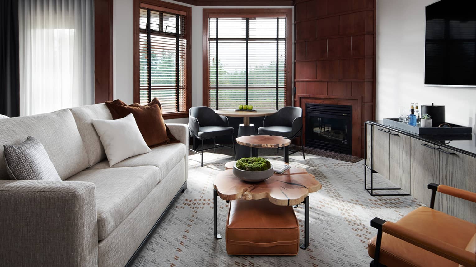Living area with couch, coffee table and TV