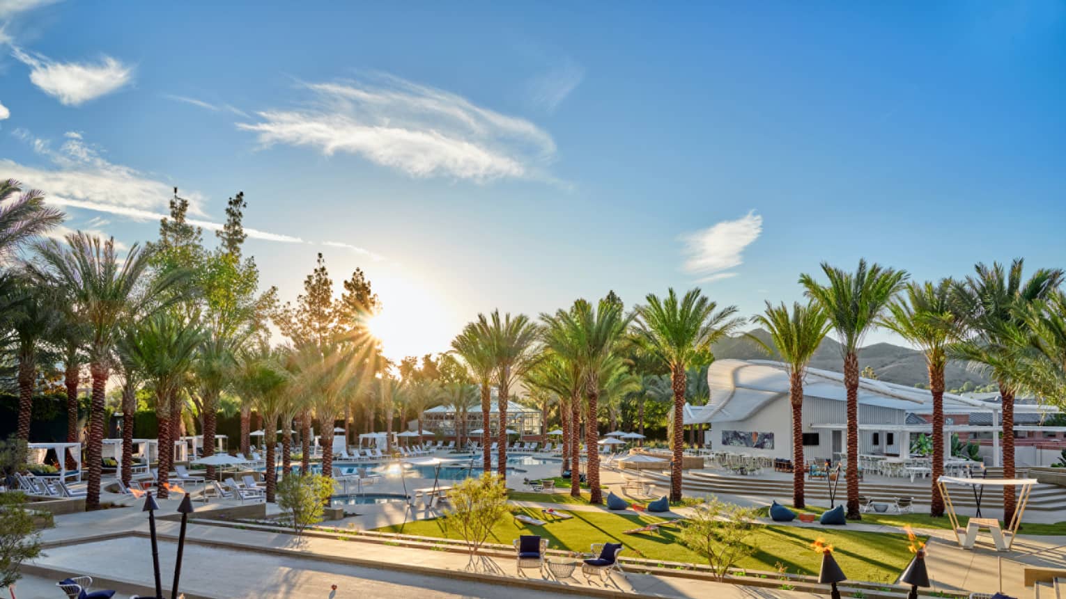 An outdoor area with chairs, pool and palm trees.