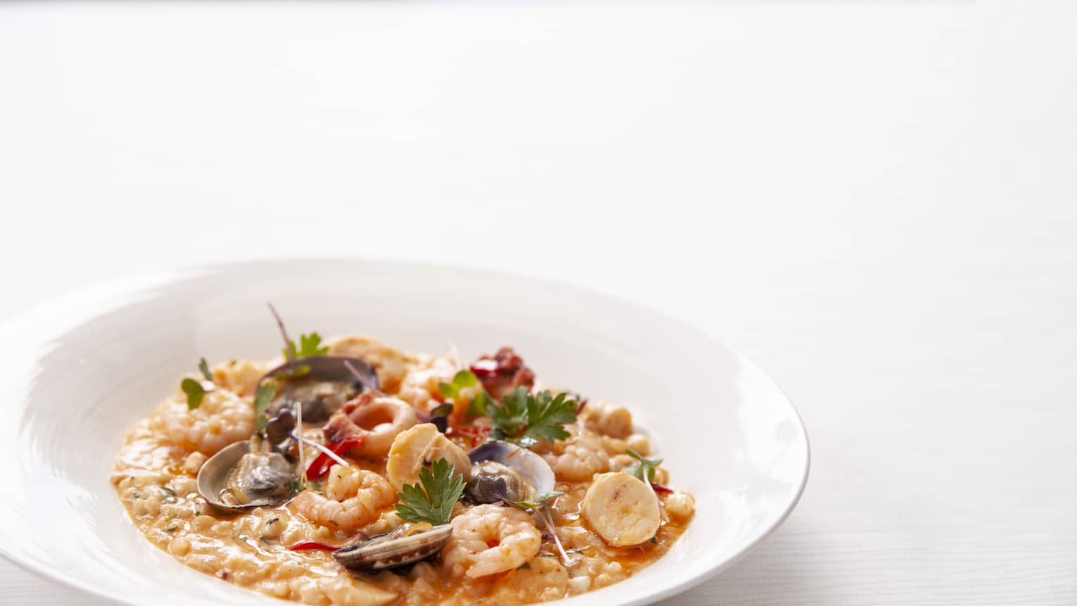 Seafood risotto is served in a white bowl